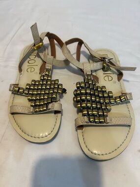 Nicole Neutral Beige T-Strap Sandals with Gold Bead Detail size 8